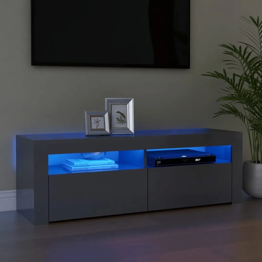 vidaXL Móvel de TV com luzes LED 120x35x40 cm cinzento brilhante