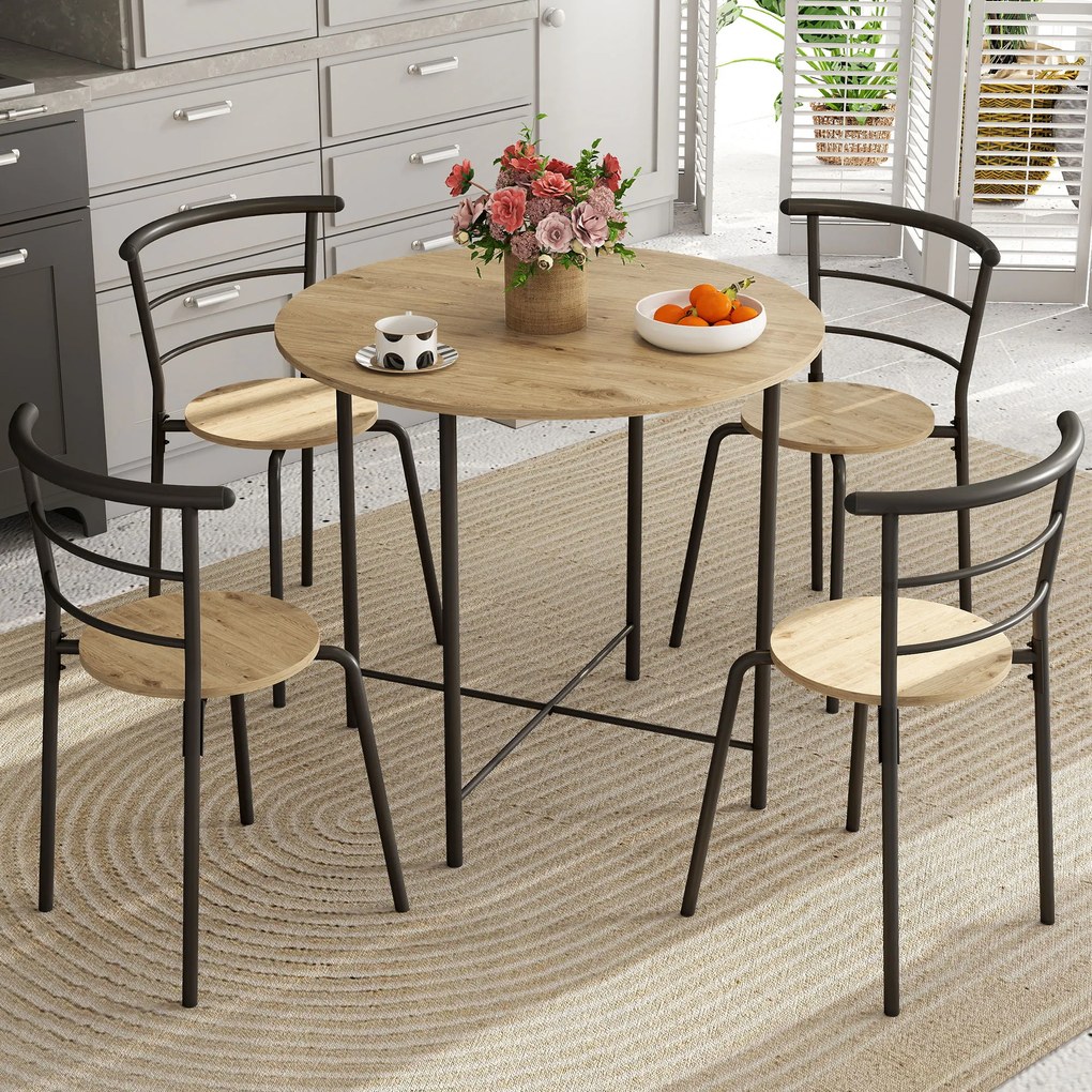 Conjunto de Mesa e Cadeiras de Refeição Mesa de Cozinha Redonda com 4 Cadeiras Estilo Industrial Madeira e Preto