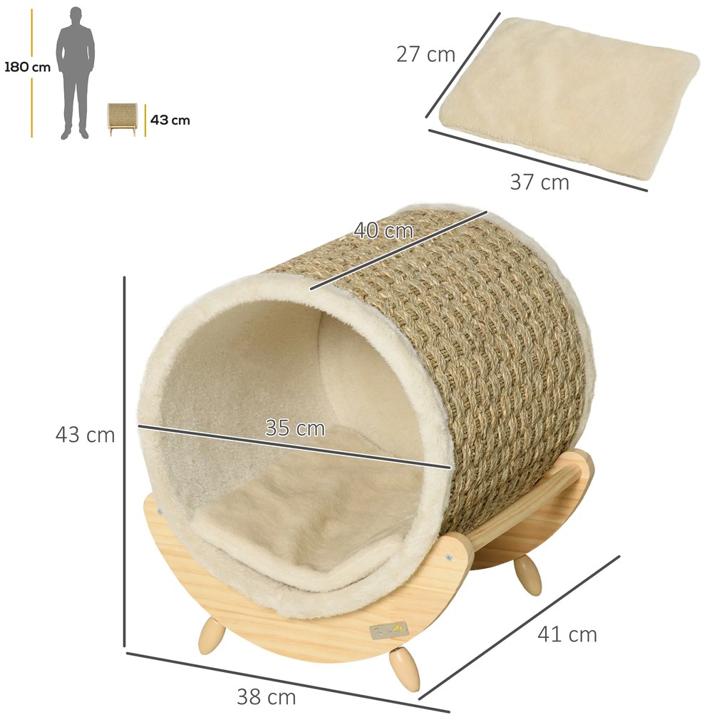 Cama Elevada para Gatos Caverna para Animais de Estimação Aparência de Barril com Superfície de Corda de Algas para Arranhar Almofada e 4 Pés de Madei