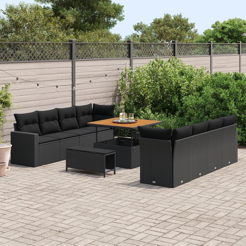 Conjunto de 11 Peças de Sofá de Jardim vidaXL com Almofadas Preto Ratt