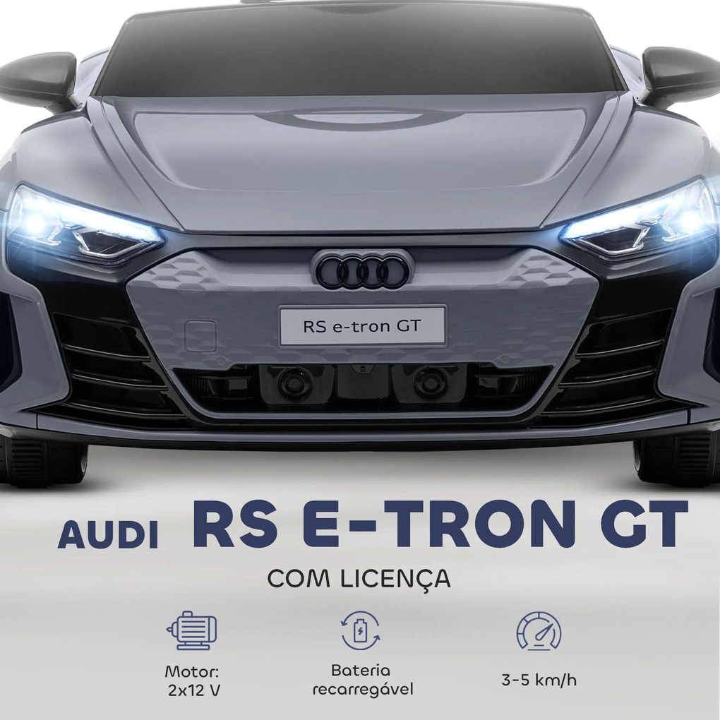Carro Elétrico AUDI RS E-Tron GT 12V com 2 Motores Faróis LED Buzina Música USB 3-5km/h 103x58x41 cm Cinzento