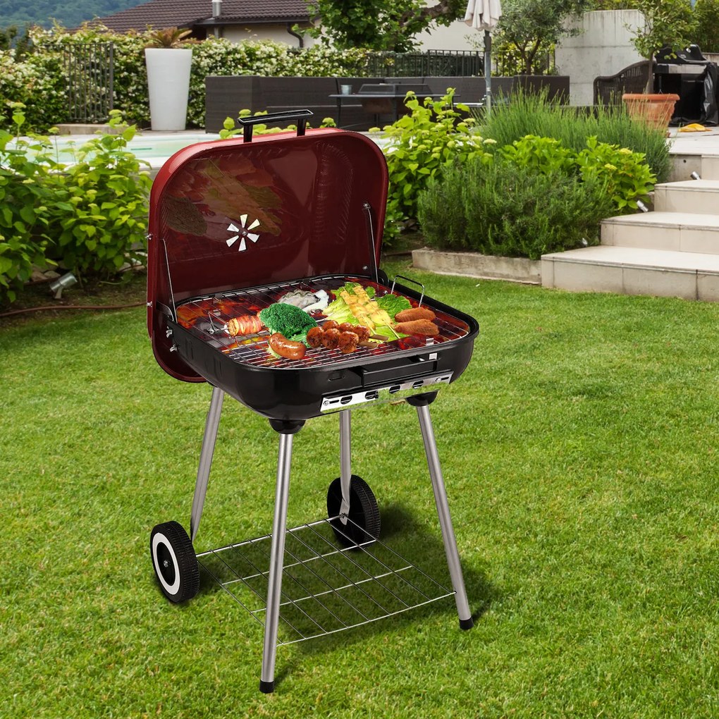 Churrasqueira de carvão Piquenique com Rodas e prateleira Churrasqueira ao ar livre Jardim Camping Churrasco 45x47.5x70cm