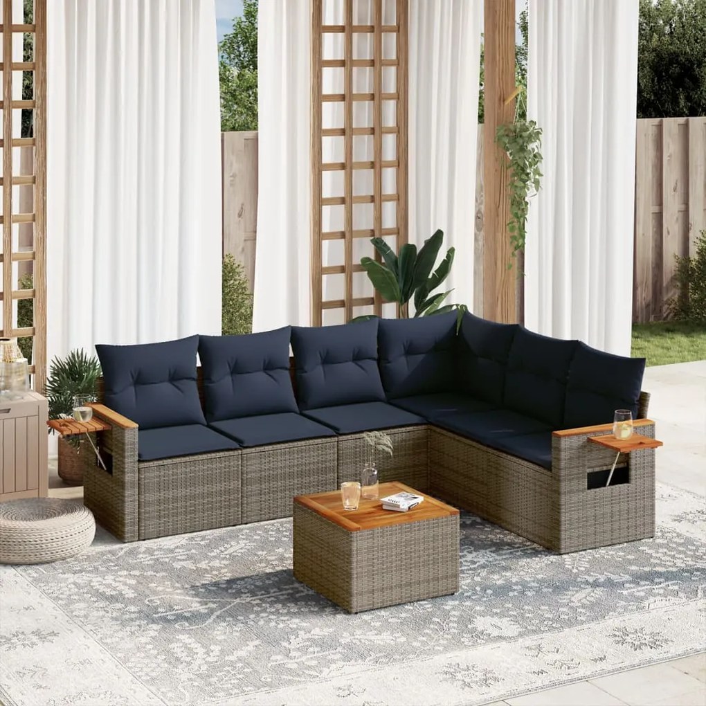 7 pcs conjunto sofás p/ jardim c/ almofadões vime PE cinzento