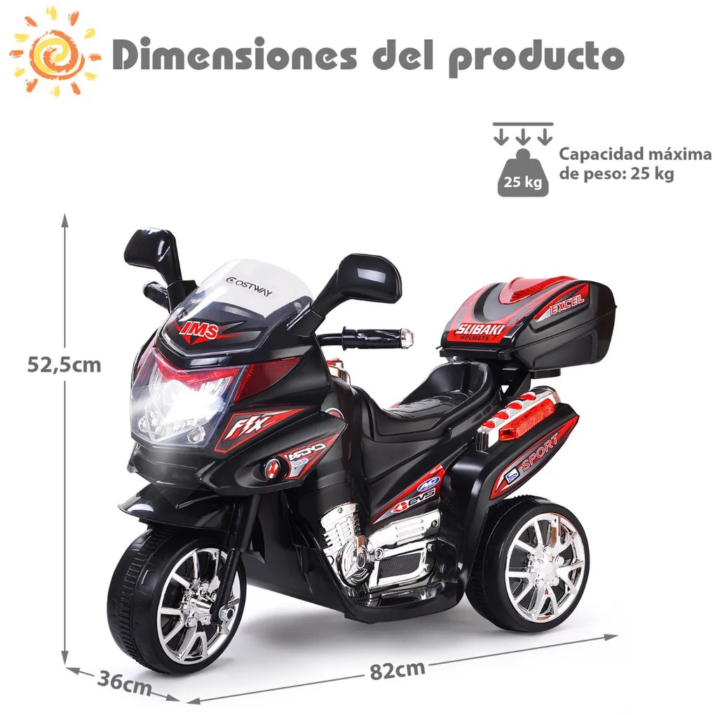 Moto eléctrica para crianças com bateria 6 V com 3 rodas Música incorporada, luzes, velocidade para a frente e marcha-atrás Preto