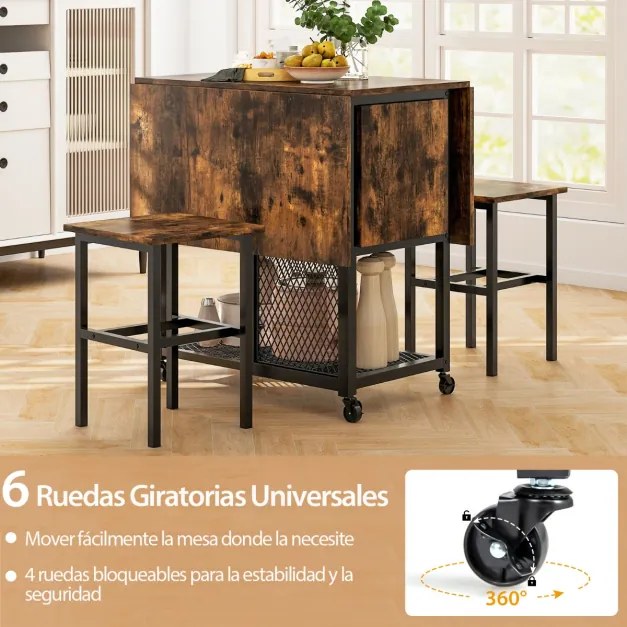 Conjunto de mesa de jantar dobrável de 3 peças com 2 bancos Rodas com fecho 2 Estantes de arrumação de cozinha em rede castanho + preto