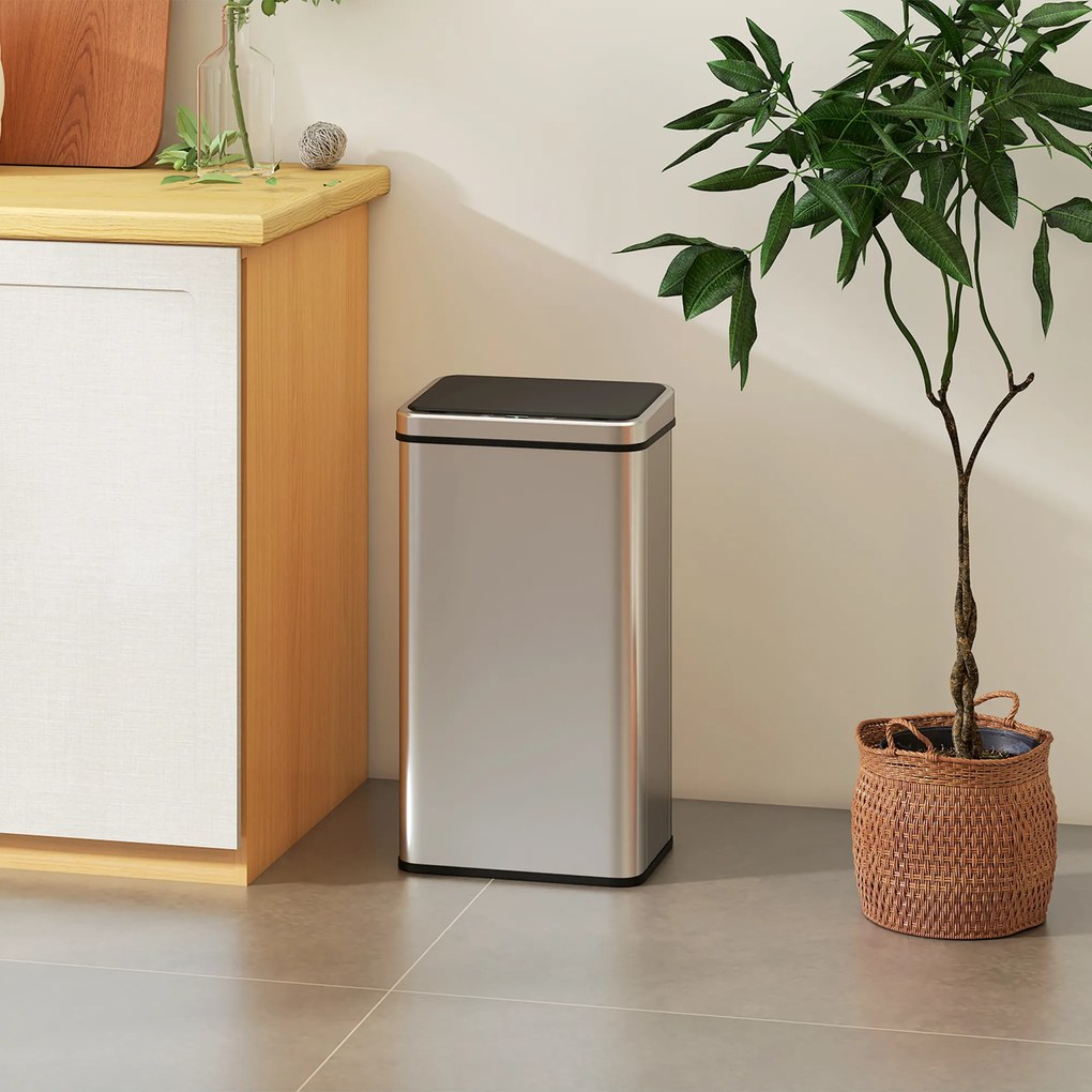 Caixote do Lixo de Cozinha com Sensor, 35,5 x 26 x 67 cm, Capacidade de 50 L, Prateado