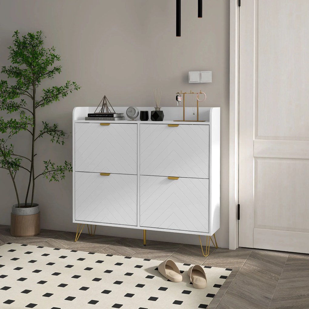 Sapateira, Armário para sapatos com 4 portas basculantes, com prateleira ajustável, 106 x 24 x 102 cm, branco