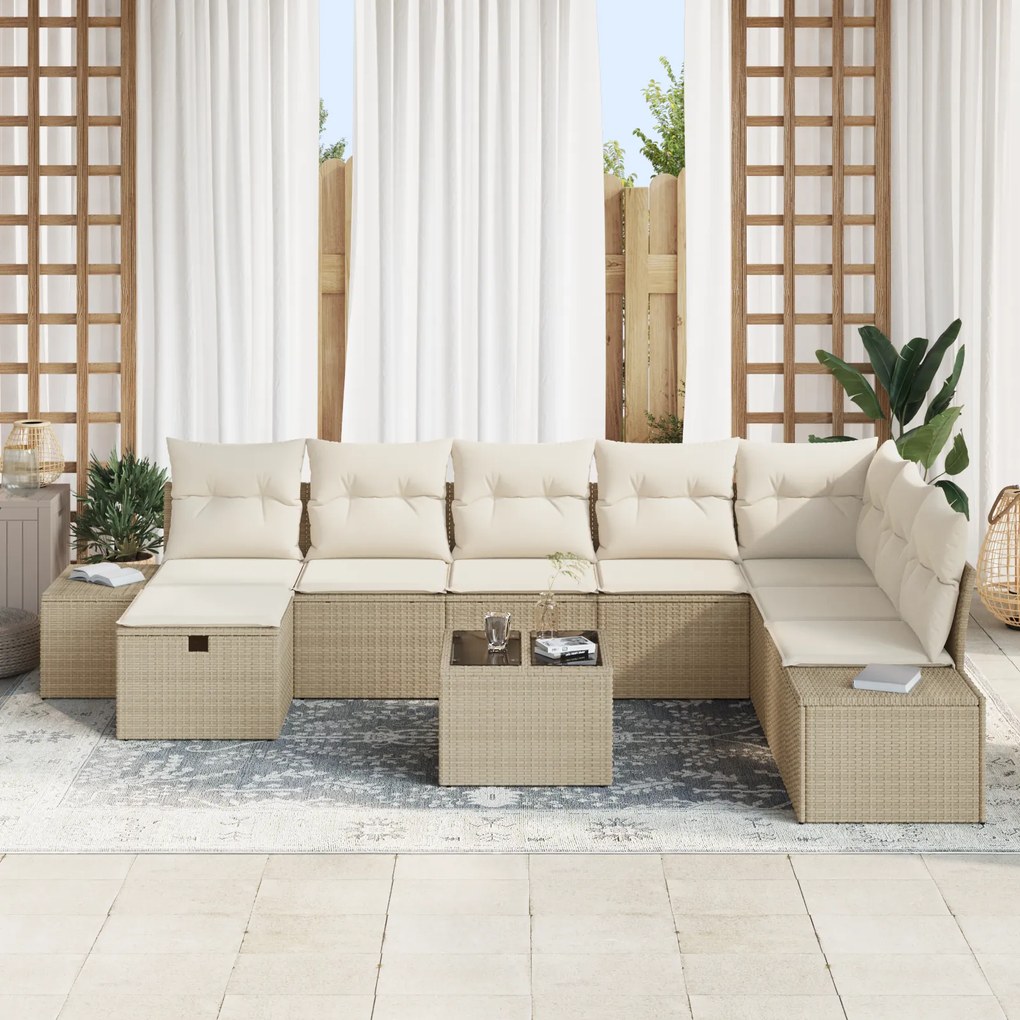 Conjunto de Sofá de Jardim de 9 Peças com Almofadas Bege de Rattan
