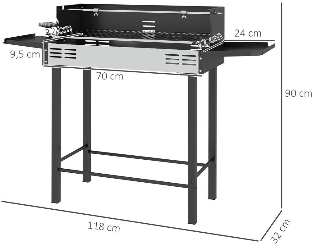 Grelhador a Carvão  Portátil 118x32x90 cm com Espeto Giratório Ajustável em Altura com 3 Níveis Preto