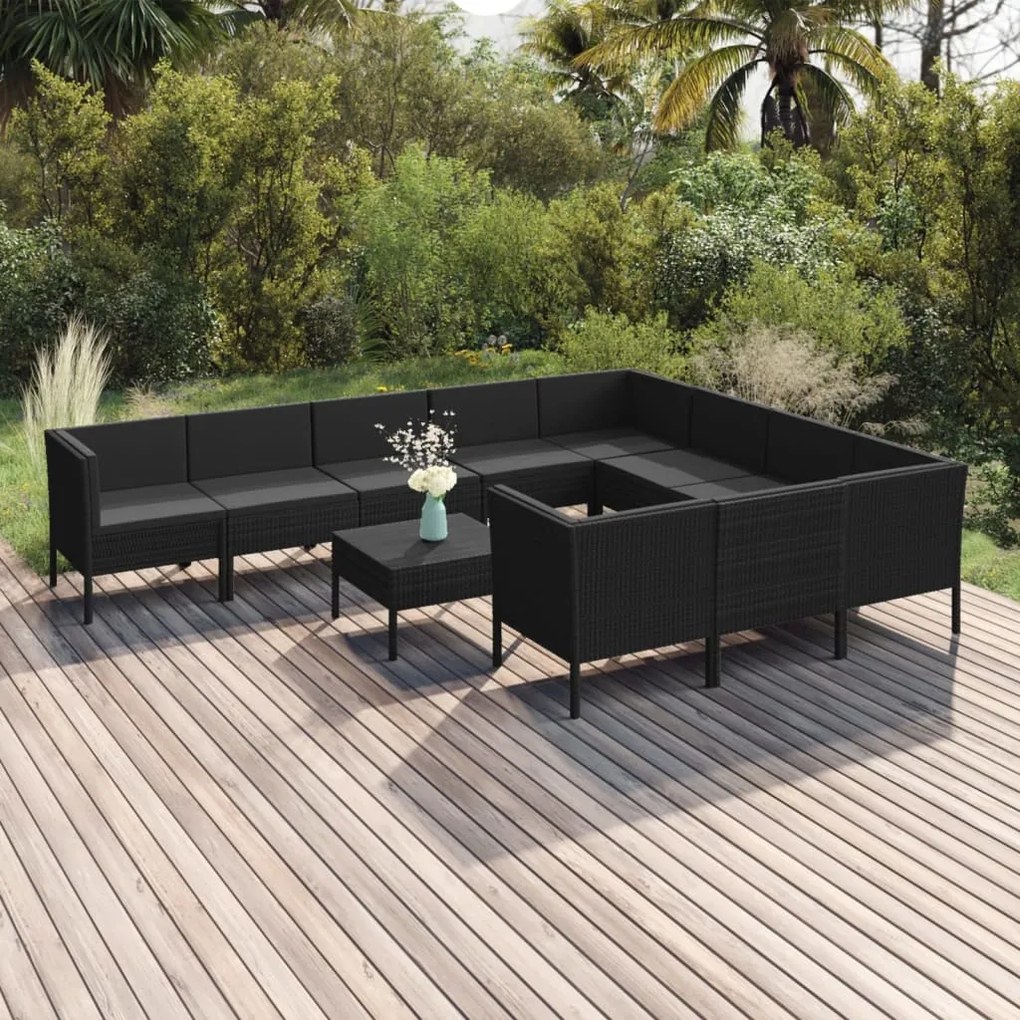 vidaXL 11 pcs conjunto lounge de jardim c/ almofadões vime PE preto