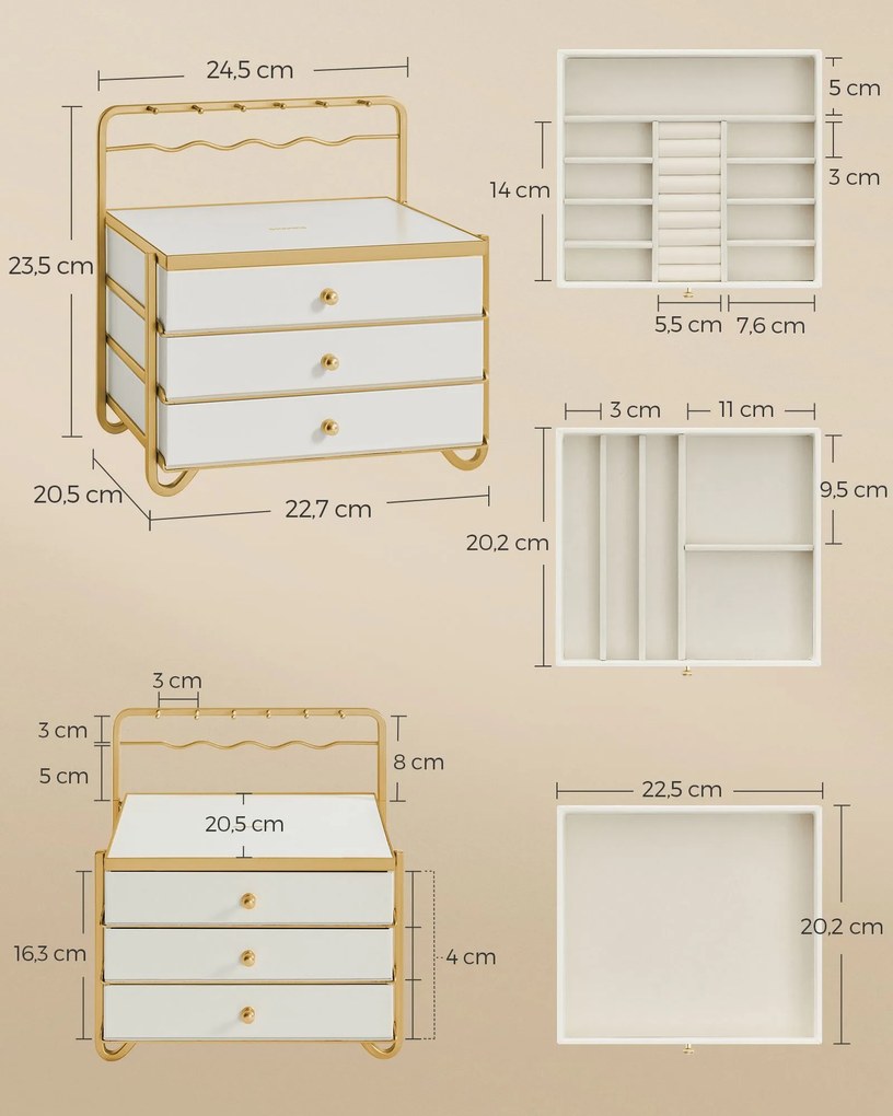 Caixa de jóias 3 níveis com gavetas 20,5 x 22,7 x 23,5 cm branco