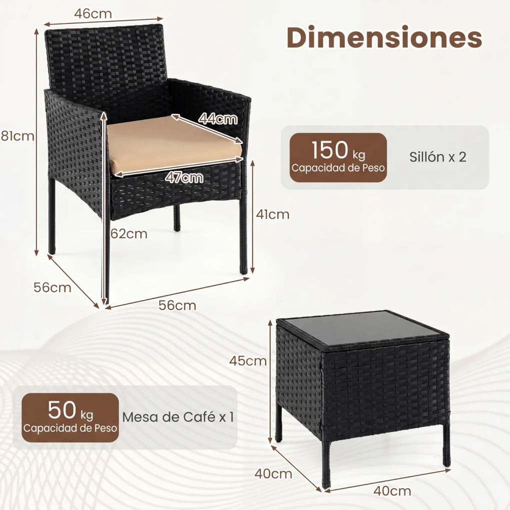 Conjunto de móveis de jardim de 3 peças em rattan com 2 cadeiras e Mesa auxiliar de vidro para terraço, pátio ou varanda Castanho+Preto