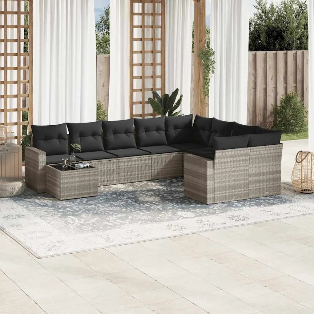 vidaXL 10 pcs conj. sofás jardim com almofadões vime PE cinzento-claro