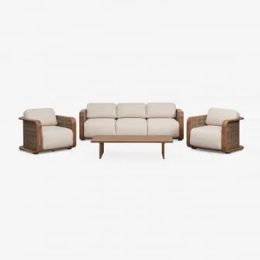 Conjunto De Jardim Com Sofá De 3 Lugares, 2 Poltronas E Mesa De Centro Em Madeira De Acácia Noira Castanho Acácia - Sklum