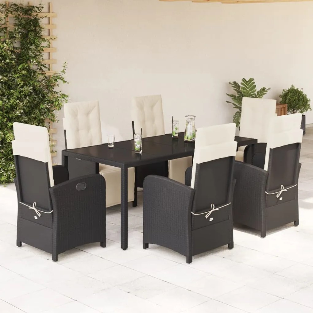 7 pcs conjunto de jantar p/ jardim c/ almofadões vime PE preto