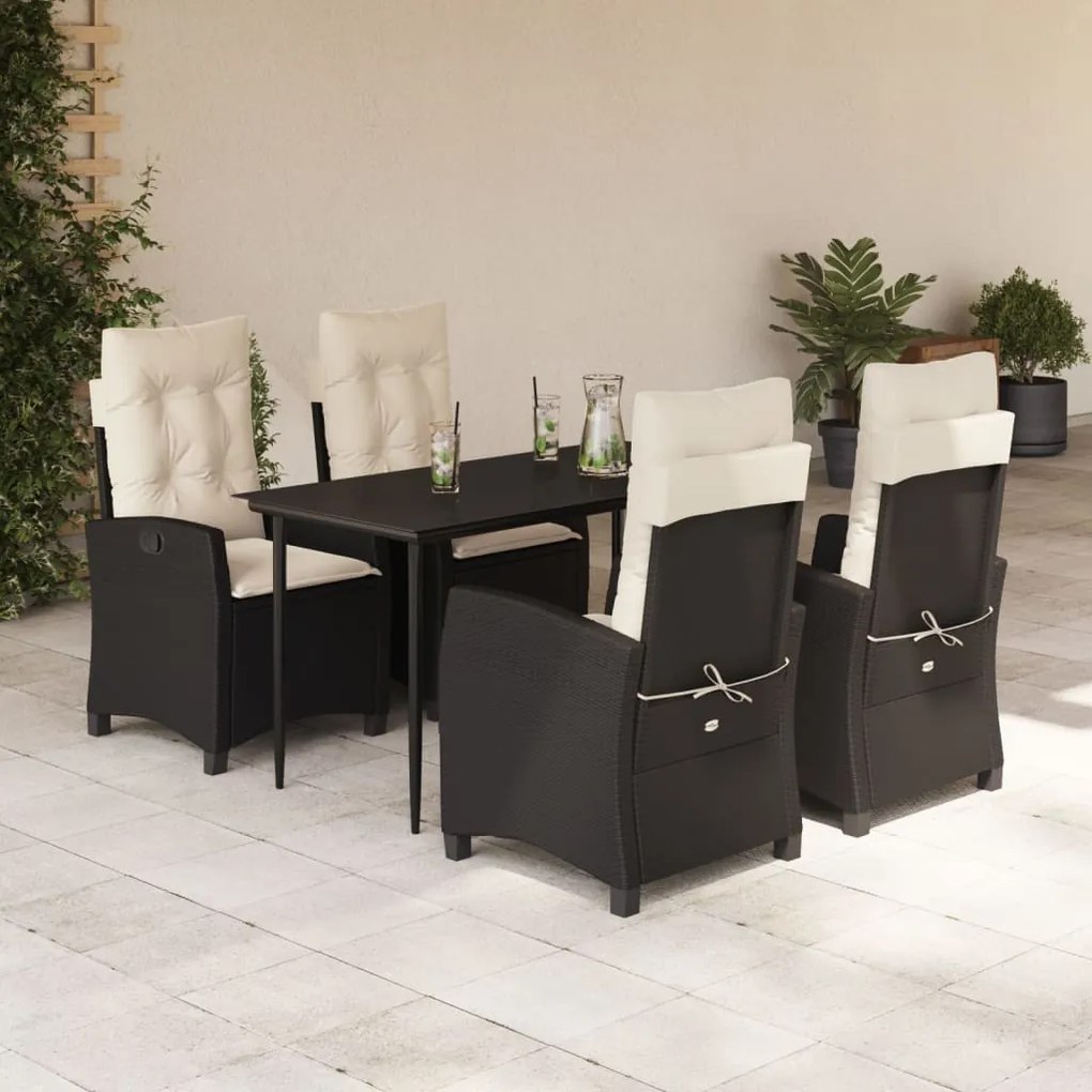 5 pcs conjunto de jantar p/ jardim c/ almofadões vime PE preto