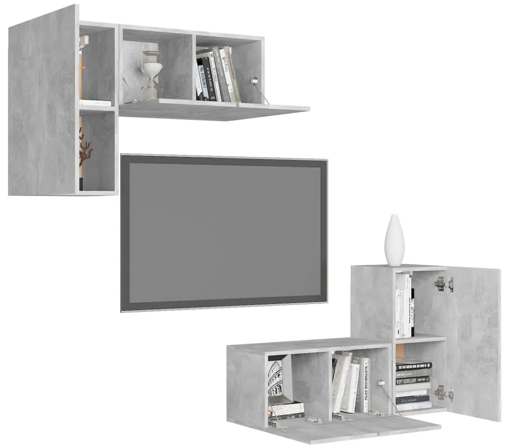 4 pcs conjunto de móveis de TV contraplacado cinzento cimento