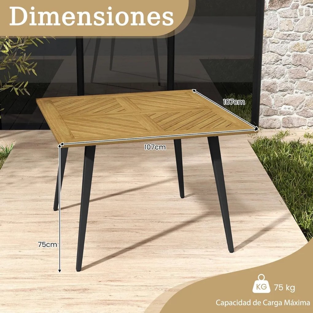 Mesa de jantar de jardim 107 x 107 x 75 cm (CADEIRAS NÃO INCLUIDAS) para 4 pessoas Mesa de pátio em madeira de acácia com orifício para guarda-sol de