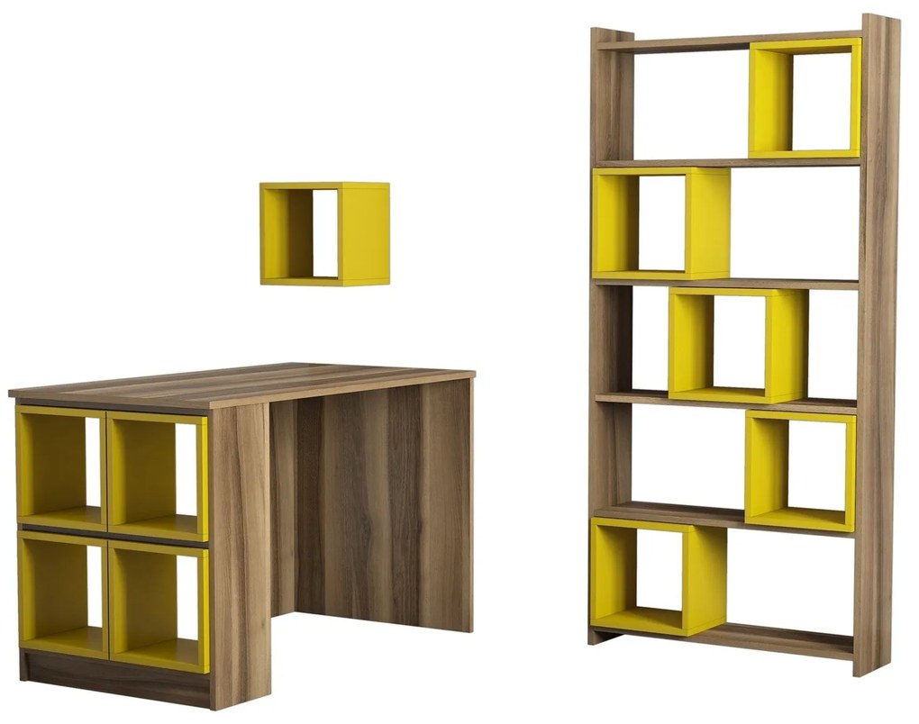 Secretária de Estudo e Estante Box – Nogueira e Amarelo – Secretária: