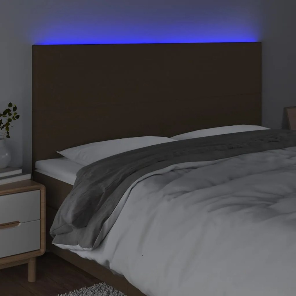 Cabeceira de cama c/ LED tecido 200x5x118/128 cm castanho