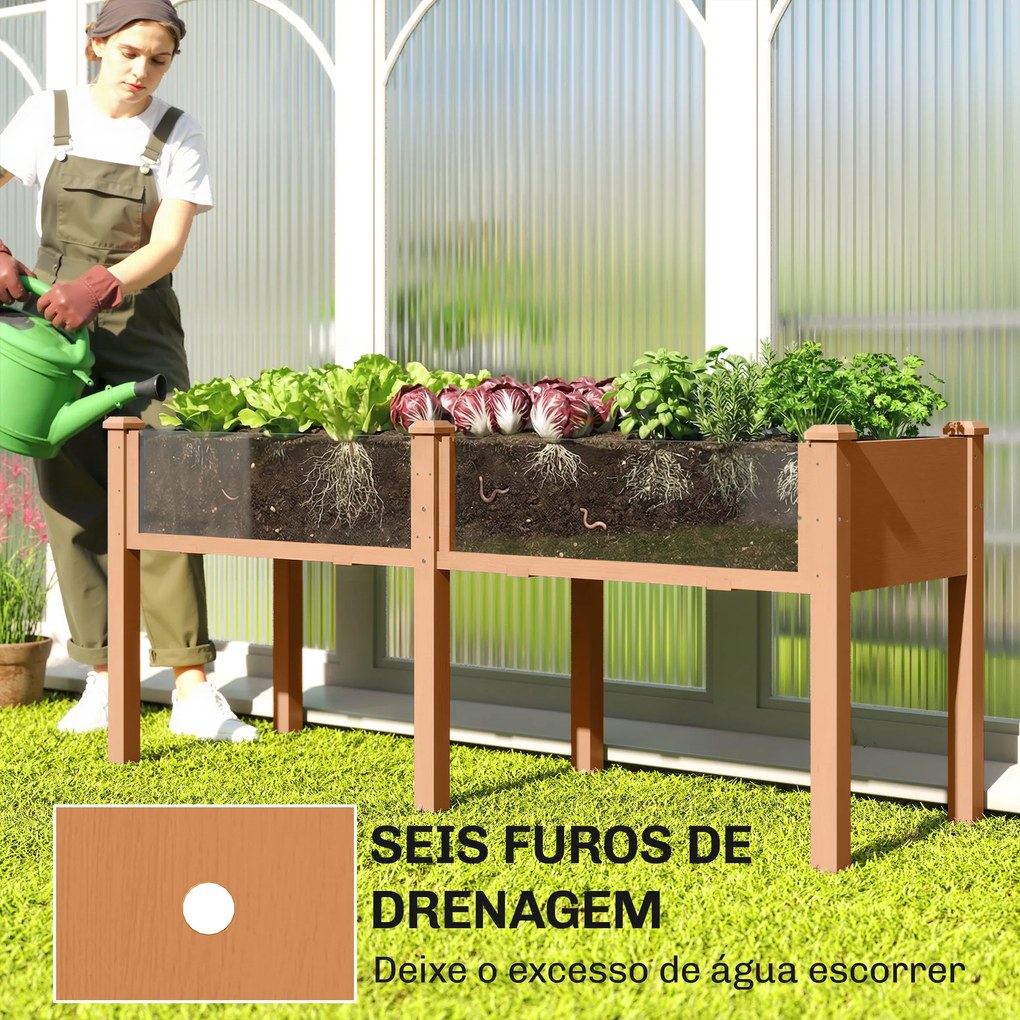 Floreira Elevada de Madeira 184x59x76,5 cm com 6 Orifícios de Drenagem para Cultivo Plantas Flores Castanho