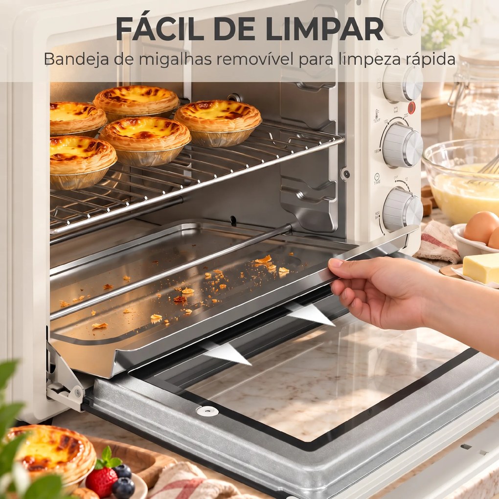 Forno Elétrico de Bancada 32 L 1600 W com 3 Modos de Calor Temporizador e Temperatura Regulável 52,2x38,1x33,5 cm Creme