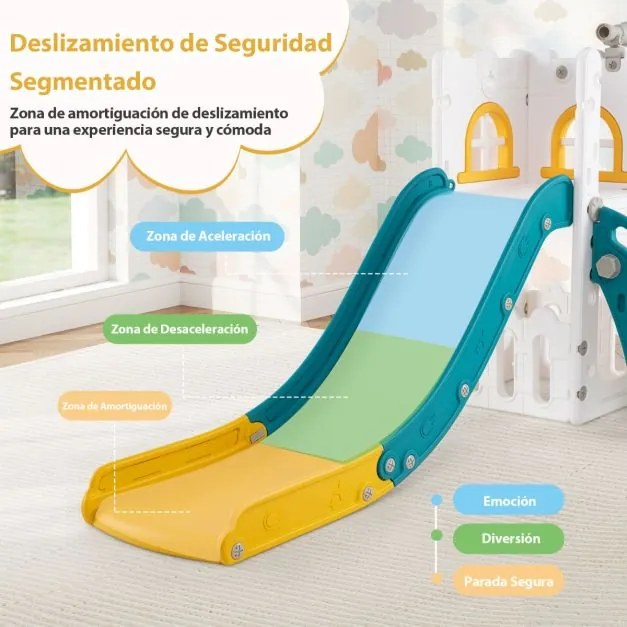 Escorrega infantil 6 em 1 para crianças com cesto de basquetebol e telescópio, com espaço de arrumação amarelo e verde