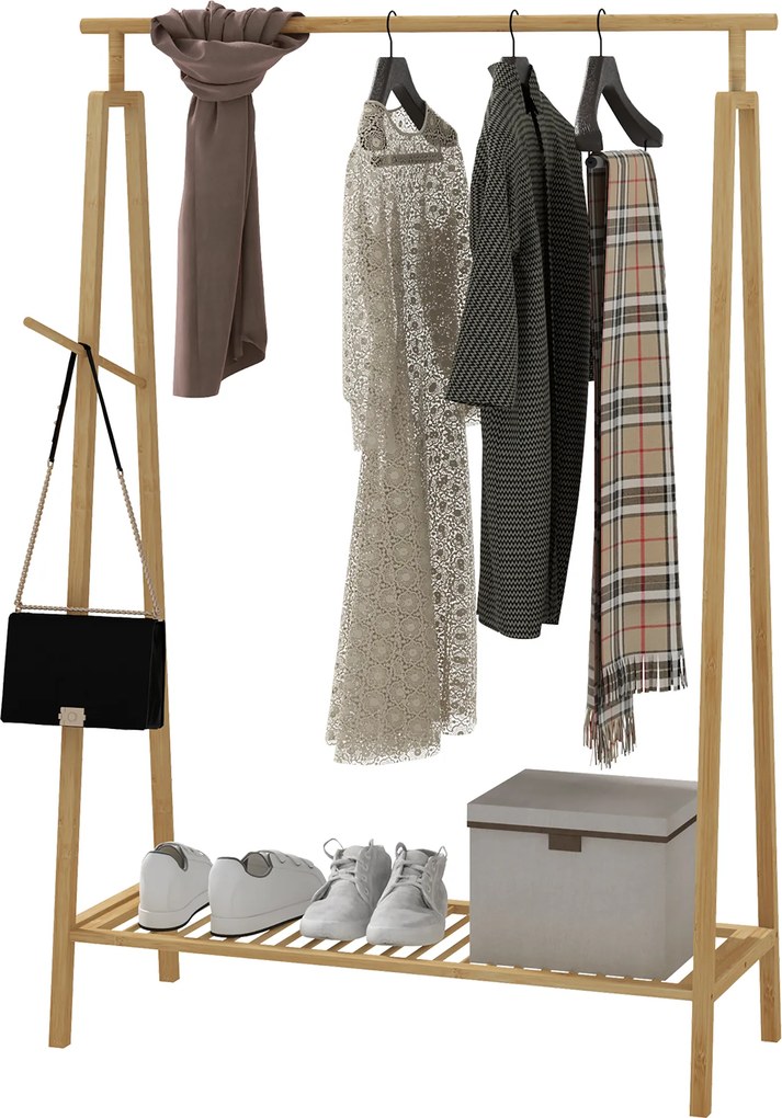 Guarda roupa aberto em bambu, em madeira com prateleira para sapatos, 110 x 42 x 152 cm