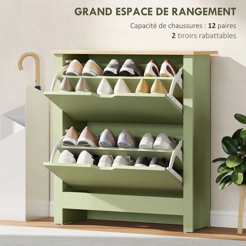 Sapateira com capacidade para 12 pares 72 L x 26 P x 80 A cm, armário estreito com 2 gavetas rebatíveis e prateleiras ajustáveis, verde