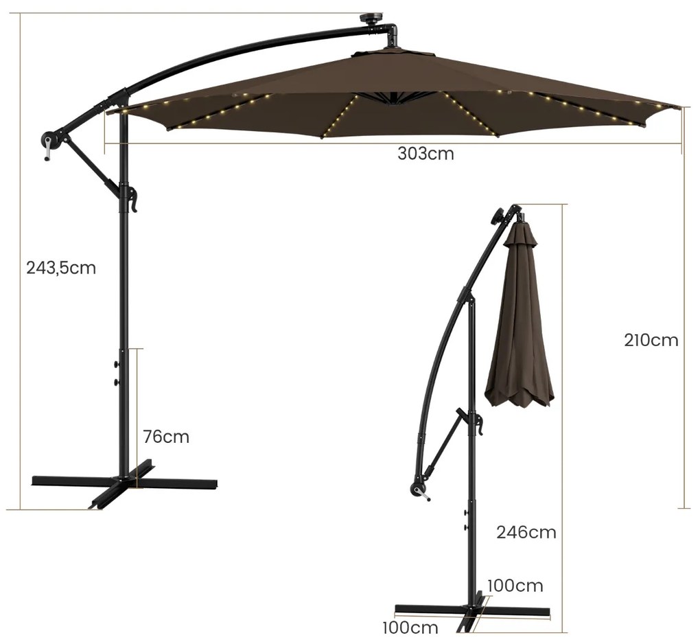 Guarda-sol 3 m com manivela solar Luzes LED 112 Guarda-sol basculante com base cruzada para jardim praia piscina Azul Castanho