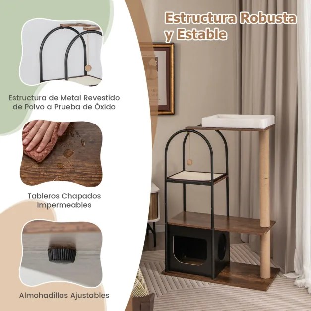 Arranhador para gatos de 118 cm com estrutura metálica Posto de arranhar de juta Tábua de sisal Bola de sisal Centro de actividades suspenso para gato
