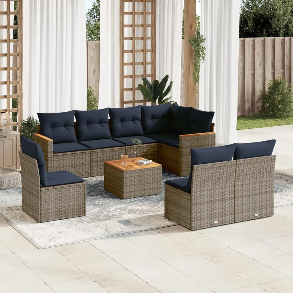 vidaXL 9 pcs conjunto sofás p/ jardim c/ almofadões vime PE cinzento
