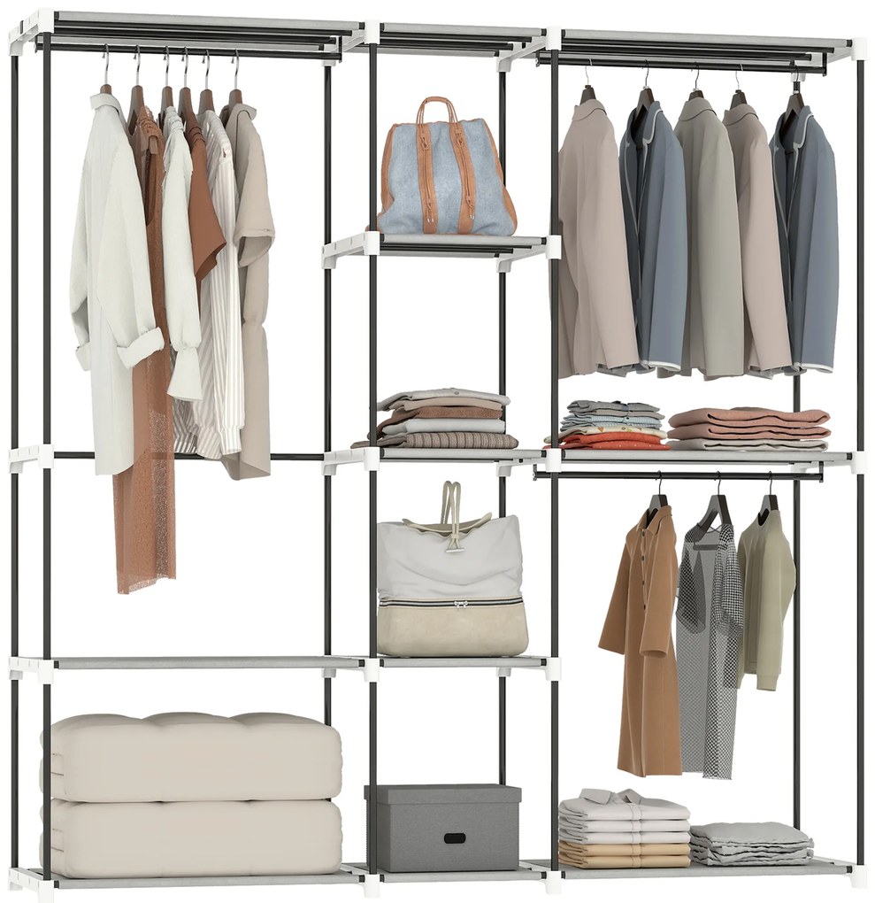 Guarda Roupa 182x43x185 cm Armário Aberto com 8 Prateleiras de Tecido Barras para Pendurar Cinza