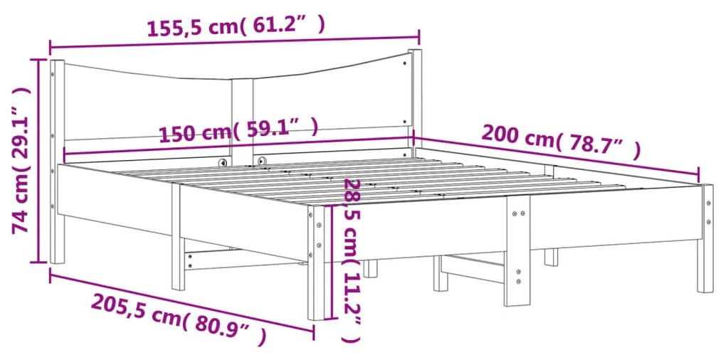 Cama sem colchão 150x200 cm madeira de pinho maciça branco