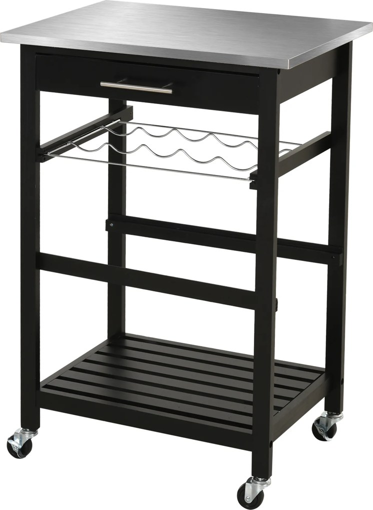 Carrinho de cozinha com prateleira para garrafas, 60L x 40P x 85A cm, tabuleiro em aço inoxidável. Preto