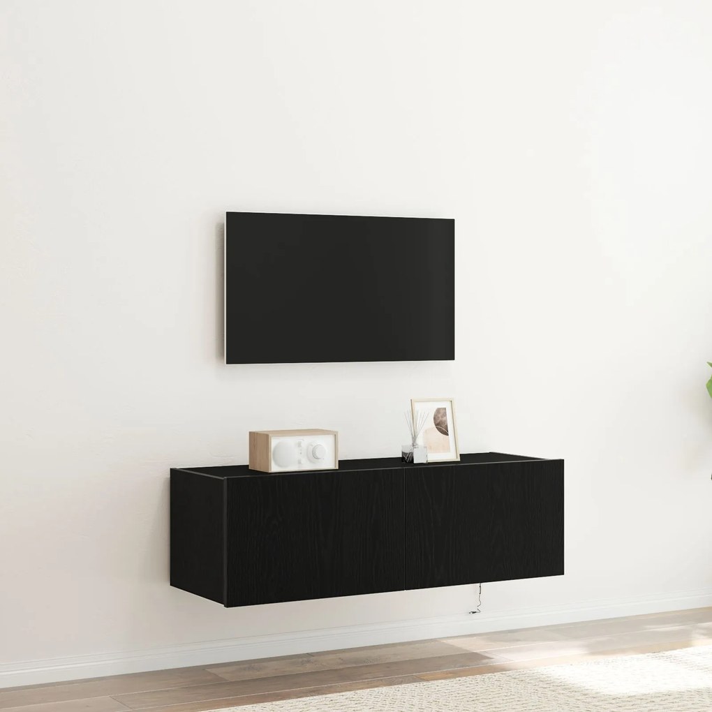 Armário de TV vidaXL com Luzes LED Carvalho Preto 100x35x31 cm