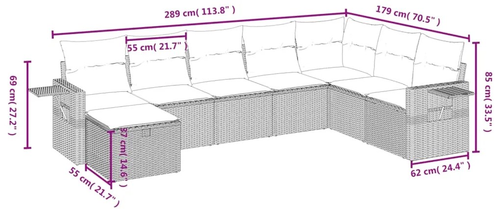 8 pcs conj. sofás jardim c/ almofadões vime PE cinzento-claro