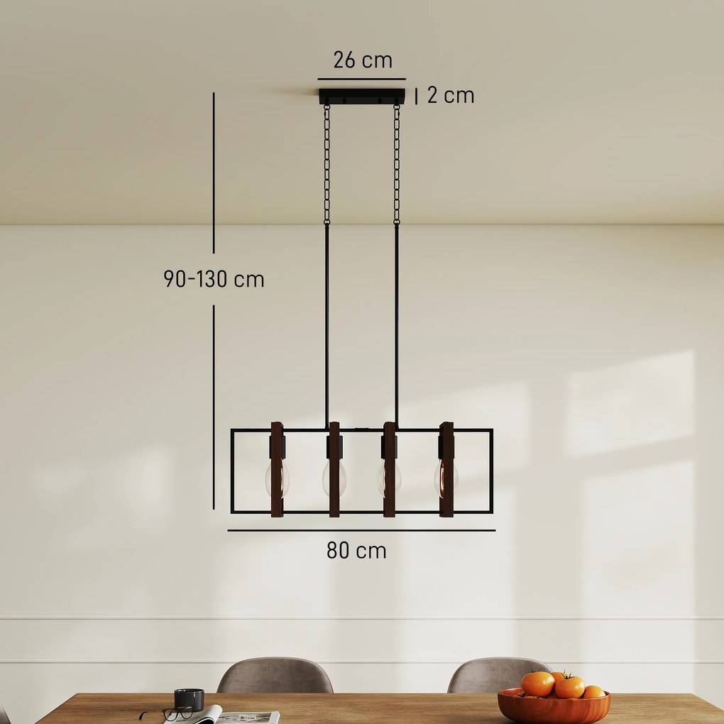 Candeeiro suspenso moderno, lustre de teto com 4 armações giratórias e altura ajustável, 80 x 21 x 90-130 cm, preto, cor castanho nogueira