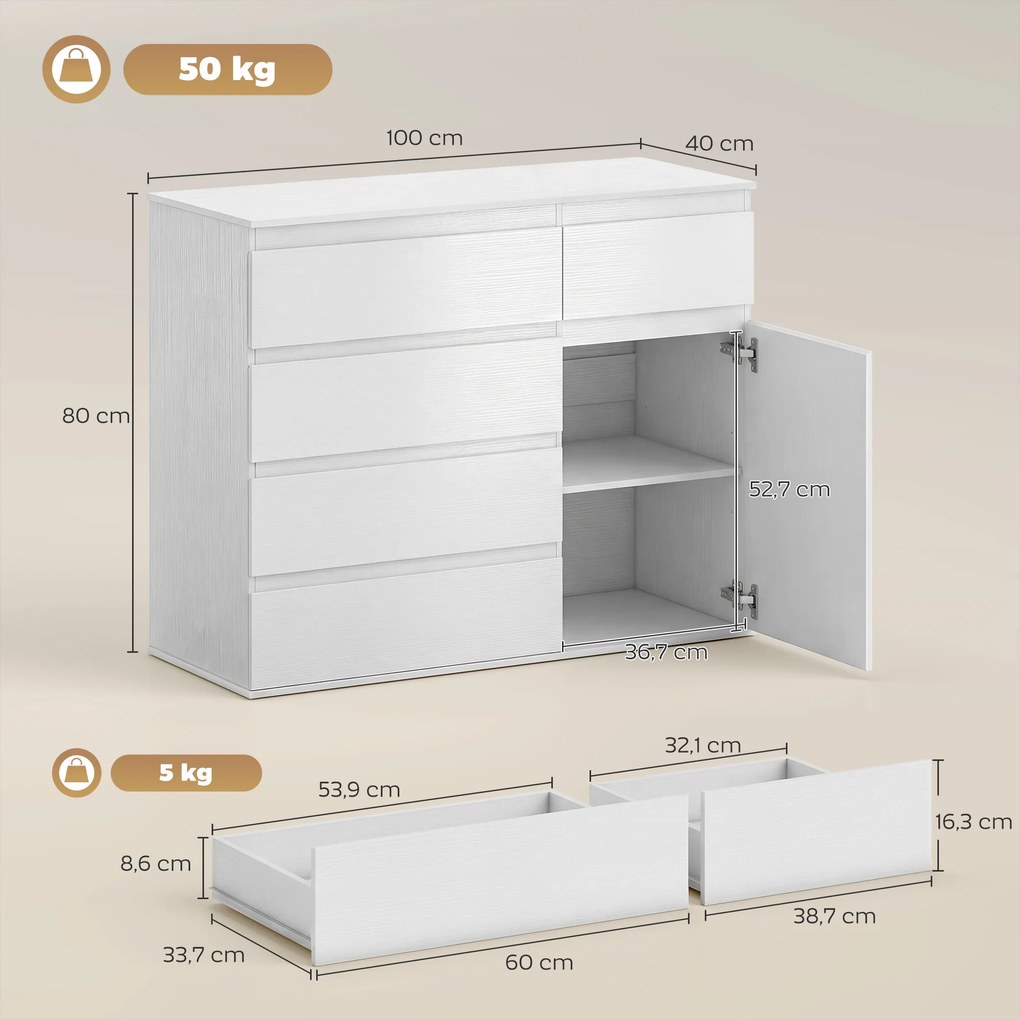 Aparador de sala 100 x 40 x 80 cm, móvel de arrumação com 5 gavetas, prateleira ajustável e porta com fecho suave, branco