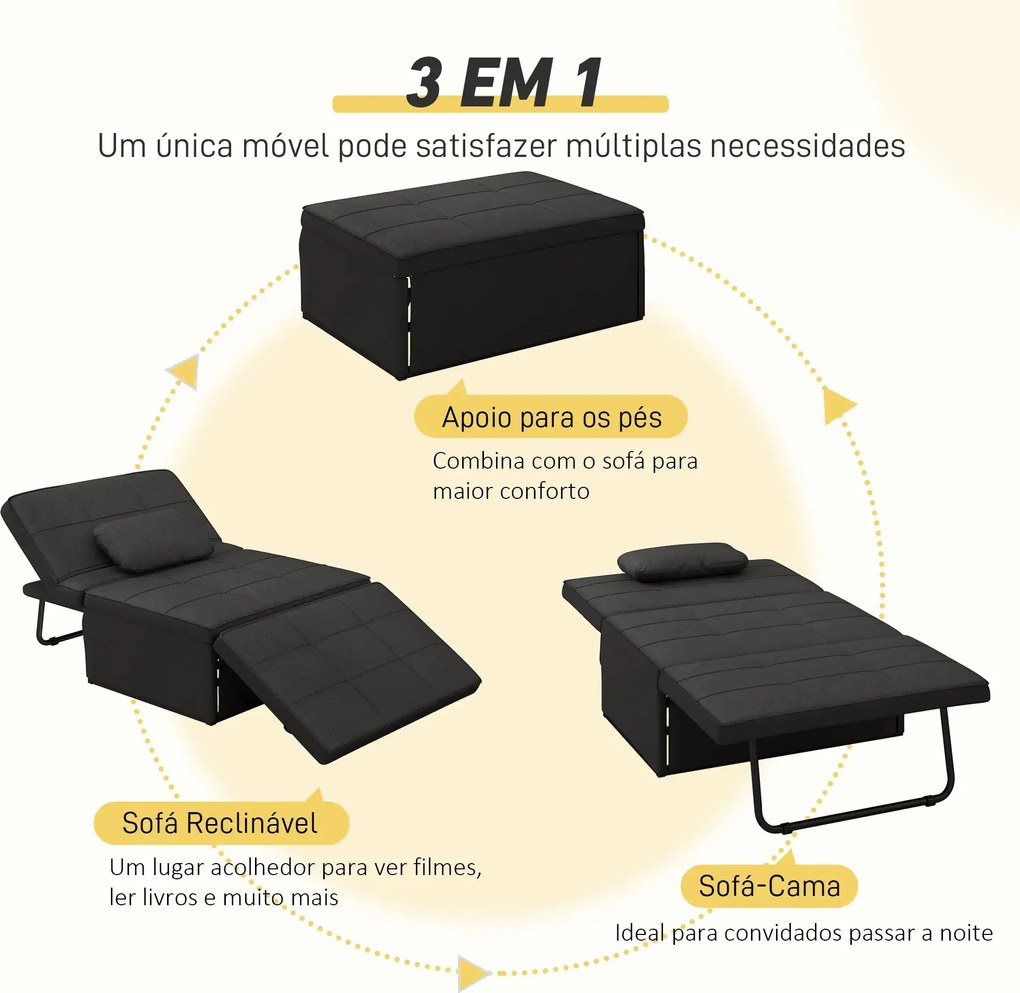 Sofá-Cama "Açores" 3 em 1 - Preto - 95x179x78 cm - Linho e Metal - Des
