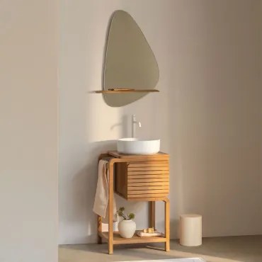 Conjunto De Móvel De Casa De Banho Em Madeira De Teca Bradley Cerâmica Redonda Branca Ø40 Cm Lenka & Branco ↑30 Cm Com Válvula De Drenagem Sem Extrava