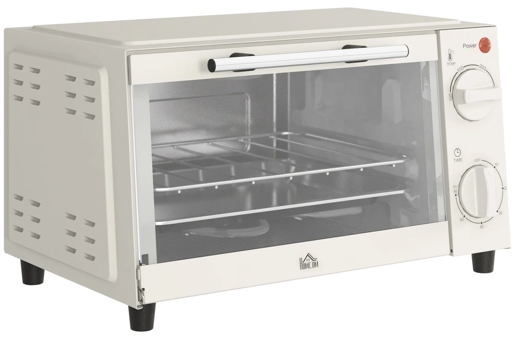 HOMCOM Mini Forno Elétrico 9L com Temperatura Ajustável até 230°C Temporizador 60 min e Bandeja para Assar 35x24,6x20 cm Creme | Aosom Portugal