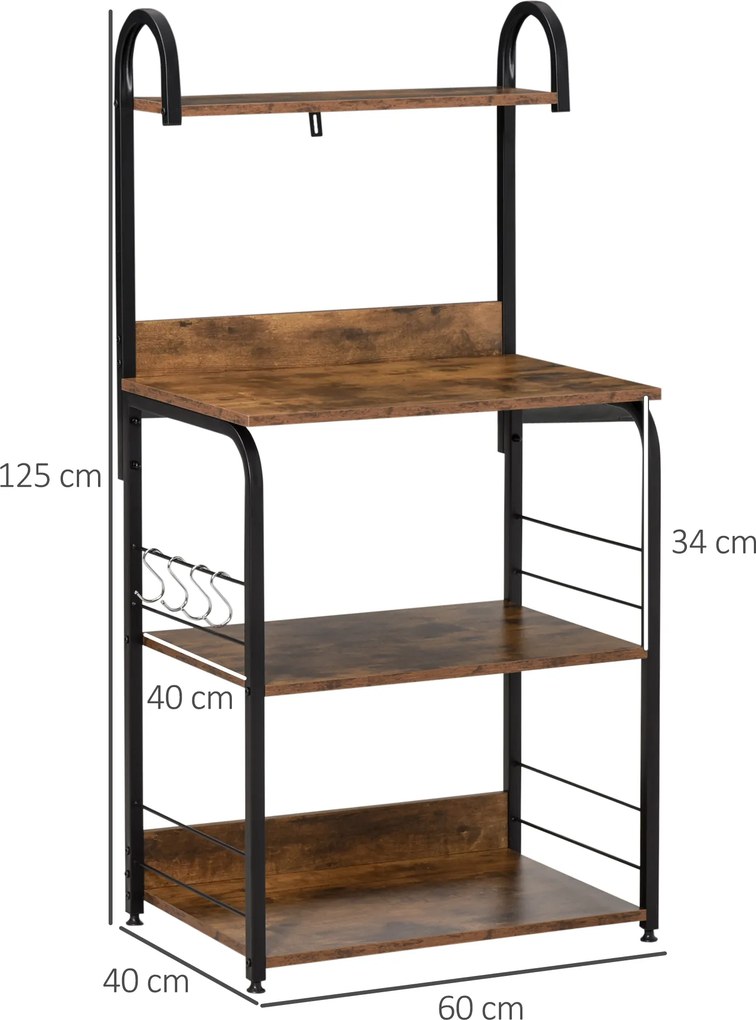 Estante de Cozinha Estante para Microondas com 4 Níveis Ganchos e Pés Ajustáveis Estante de Armazenamento 60x40x125 cm Castanho Rústico