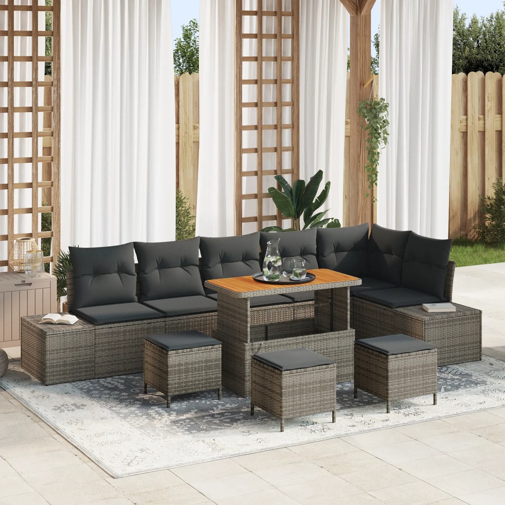 Conjunto de Sofá de Jardim vidaXL de 10 peças com Almofadas Cinza Rattan Acácia