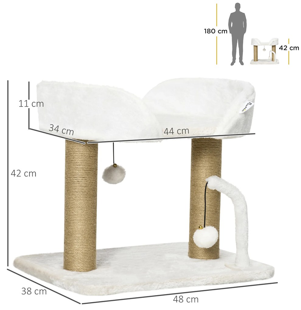 Arranhador para Gatos Pequenos Altura 42 cm Arranhador para Gatos com Cama Bolas Supensas e Postes de Juta 48x38x42 cm Branco