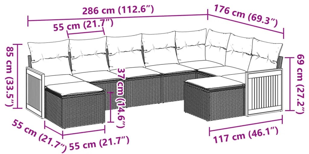 9 pcs conjunto sofás p/ jardim com almofadões vime PE cinzento