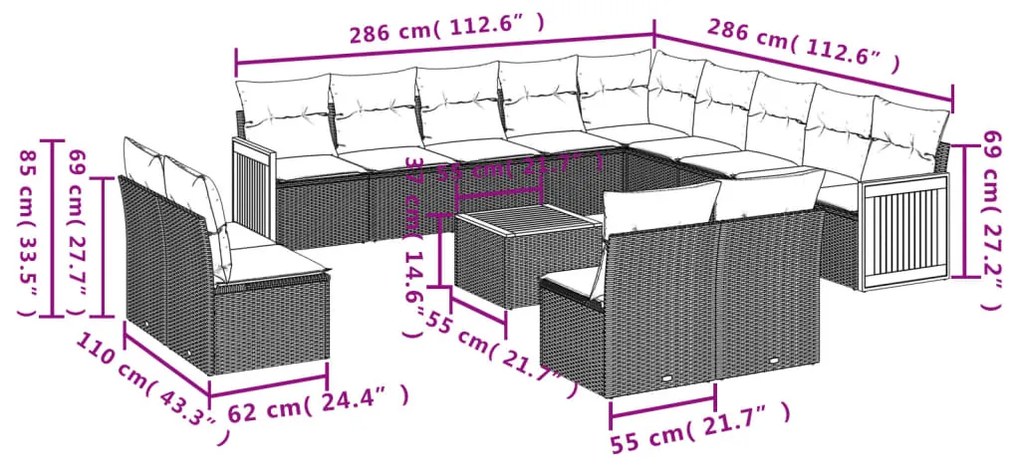 14 pcs conjunto de sofás p/ jardim c/ almofadões vime PE preto