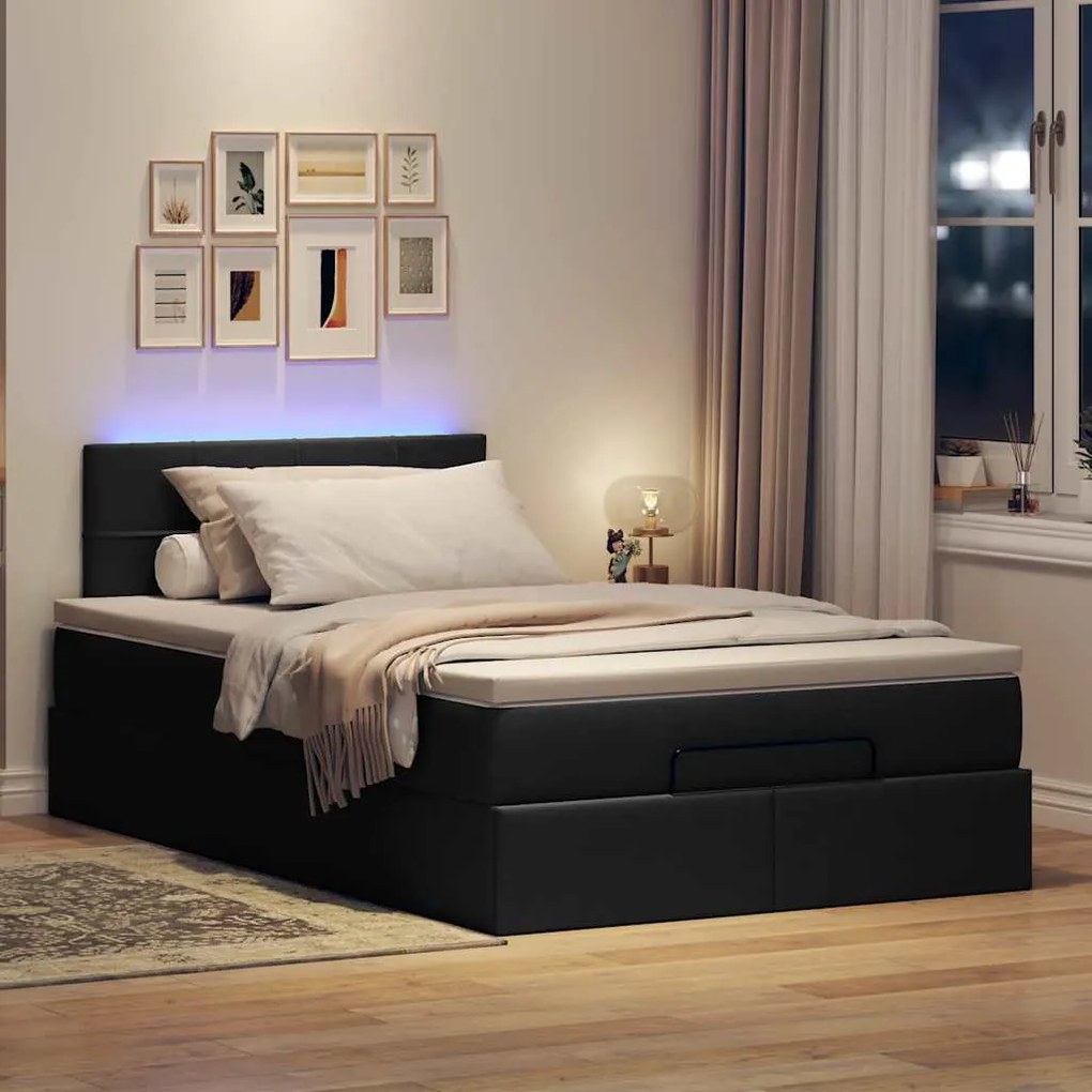 Cama otomana com colchão & LEDs 120x190 cm tecido preto