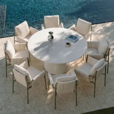 Conjunto De Mesa Redonda Ø150 Cm Em Cimento Numira E 8 Cadeiras De Jardim Com Braços Estofadas E Em Aço Zunika Verde Azeitona Intenso - Sklum