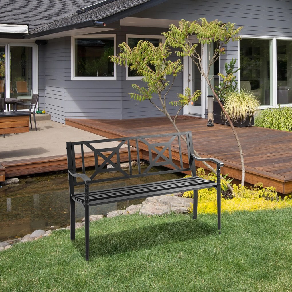 Banco de jardim de 2 lugares 128 x 62,5 x 81,5 cm, para exterior, terraço ou pátio, encosto alto, assento com ripas, braços confortáveis, aço, preto